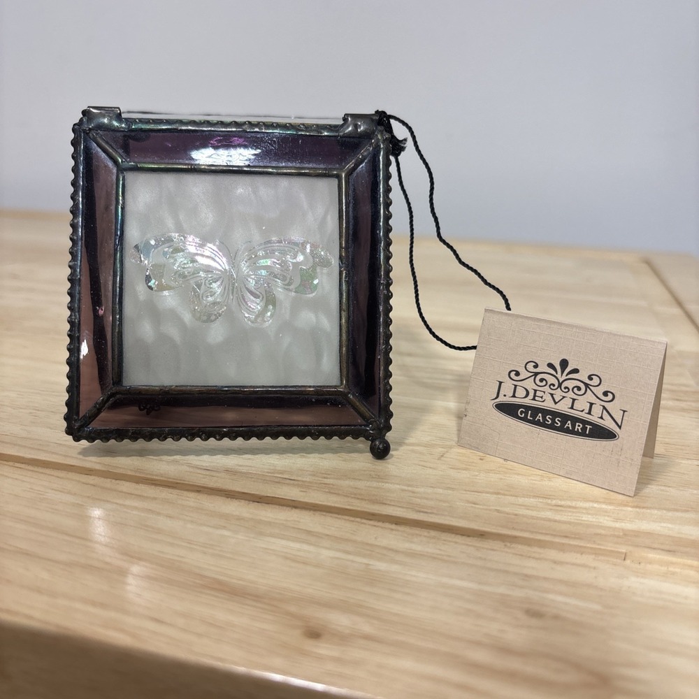J. Devlin Glass Art Iridescent Clear Purple Glass Butterfly Footed Trinket Box